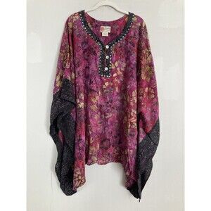 Hilo Hattie Hawaiian Originals Poncho Cover Up 1X Rayon Purple Batik Sequins
